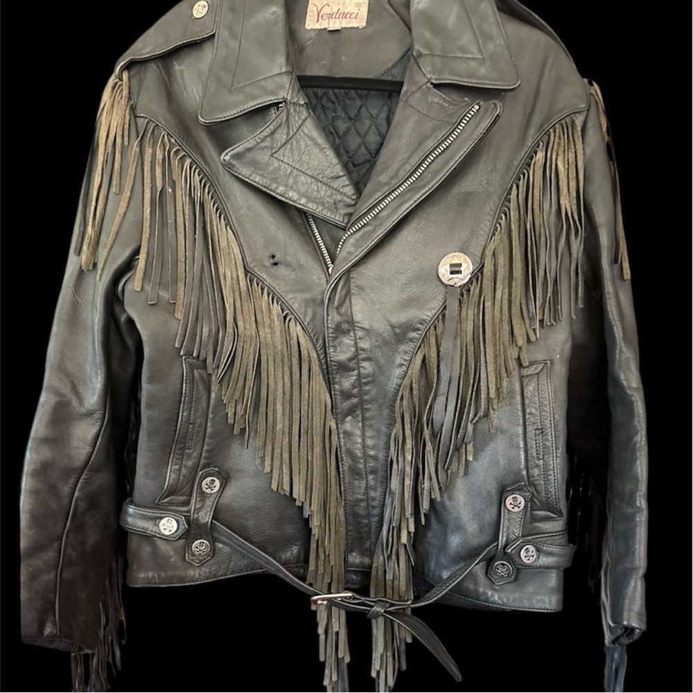 Vintage VERDUCCI Black Italian Leather Fringe Jacket with Conchos 40